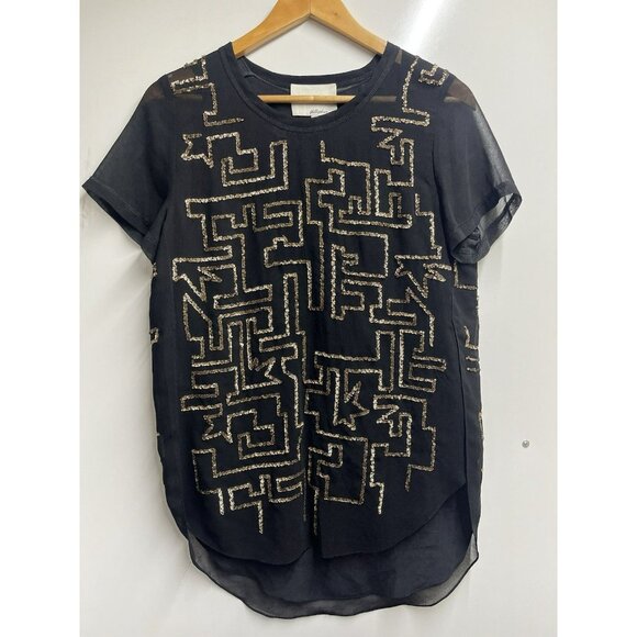 3.1 PHILLIP LIM SIZE 2 SMALL BLACK GOLD MAZE EMBROIDERED SEQUINS BLOUSE TOP - Picture 1 of 5
